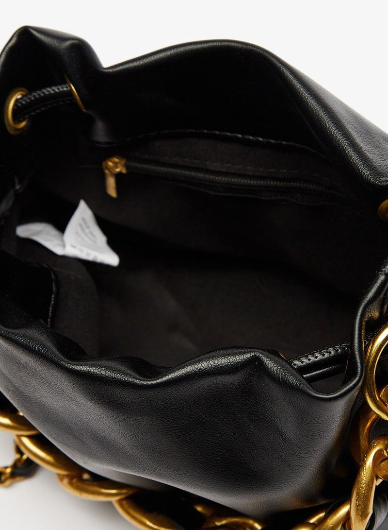 Solid Crossbody Bag with Chain Accented Strap and Drawstring Closure