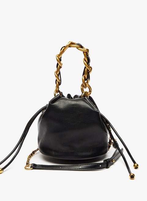 Solid Crossbody Bag with Chain Accented Strap and Drawstring Closure