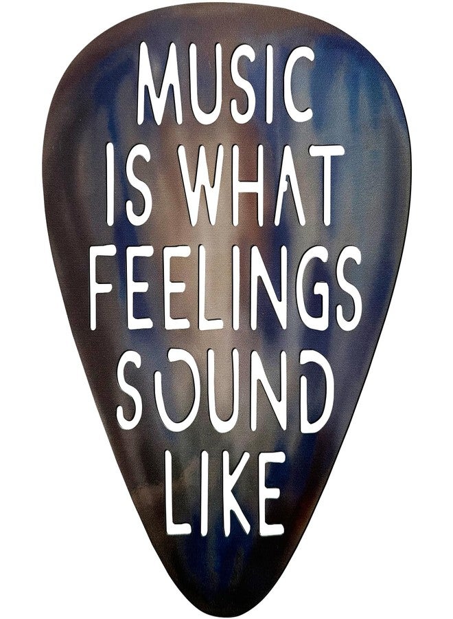 AZEZO Metal Guitar Pick Décor, 12’’x10’’ Music Wall Art, Stainless Guitar Wall Art, Featuring ‘Music Is What Feelings Sound Like’ - Image 1