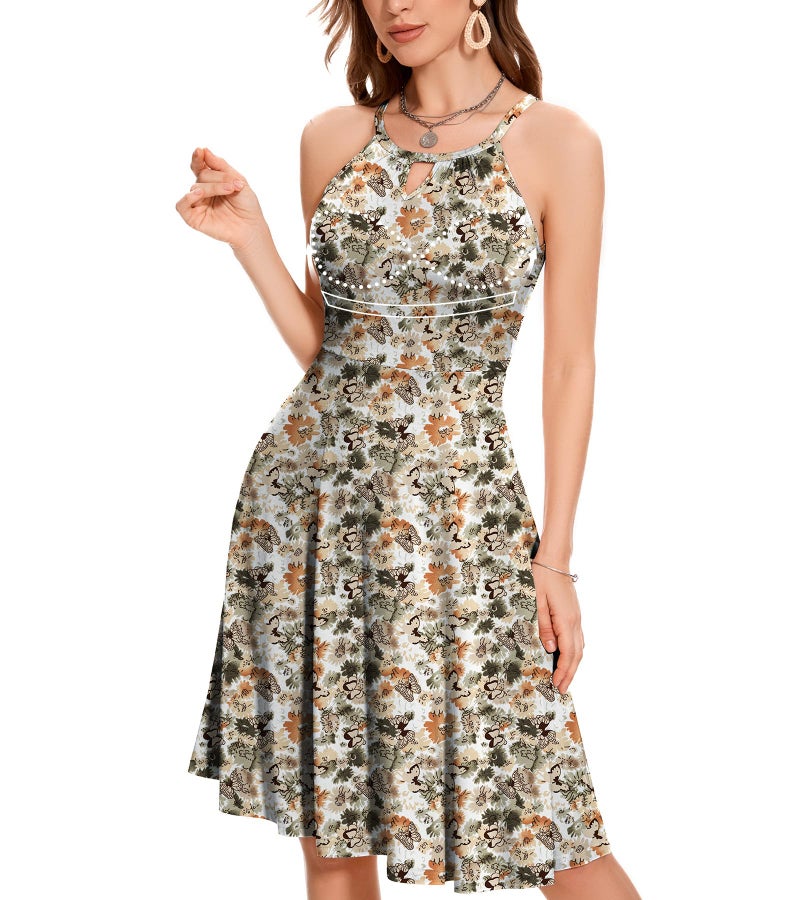ANYFITTING Built in Bra Halter Dresses for Women 2026 Summer Casual A-line Pockets Dress Flowy Midi Sundresses Beach Vacation Outfits (Grey Orange,Small) - Image 2