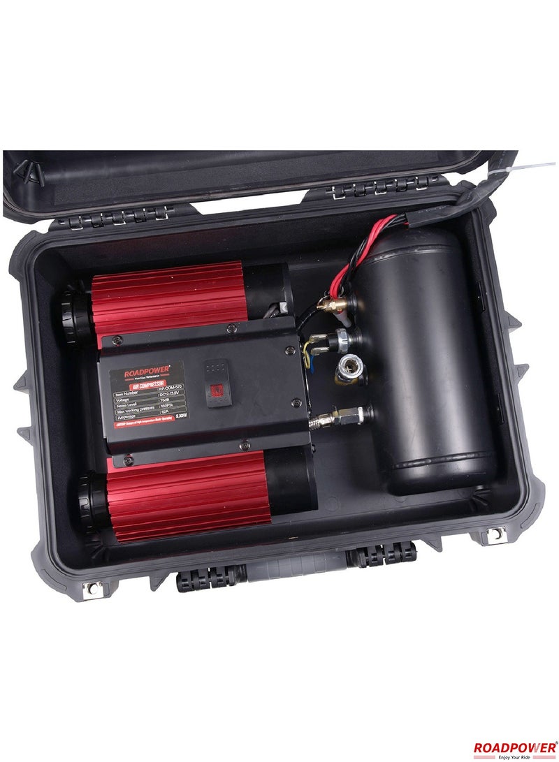 RoadPower 2 Cylinder Super Heavy Duty Air Compressor Kit, 5.3CFM, Ultra Extreme 4x4 Tire Super Air Flow Portable 150PSI, 62A, 12V Tire Inflator for Car, Truck & Other Inflatables With Strong Carry Box - Image 2