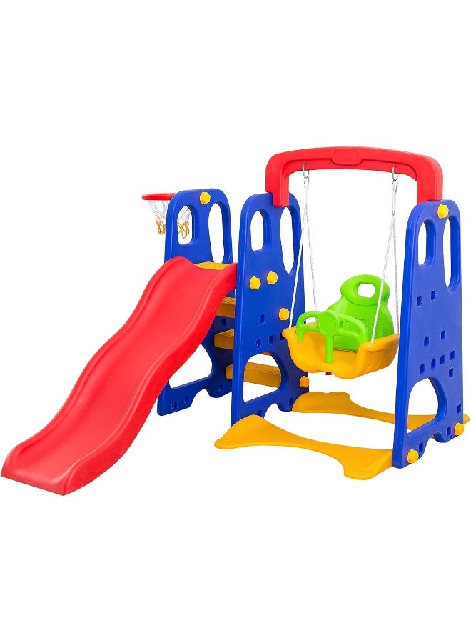 Rainbow Toys Home Canvas Toddler Climber Slide And Swing Set Kids Play Climber Slide Playset Indoor Outdoor Playground Toy With Basketball Hoops Activity Center In Backyard -Multicolor (Large 3 In 1) 