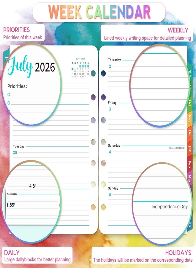 آرت فان عبوات إعادة تعبئة لمخطط 2026-2027 - عبوات إعادة تعبئة مثقوبة بـ 7 ثقوب، يوليو 2026 - يونيو 2027، مقاس 5.5 × 8.5 بوصة، 5.5 × 8.5 بوصة، حشوات مخطط A5، عبوة إعادة تعبئة أسبوعية وشهرية 26-27 مع علامات تبويب ملونة - Image 4