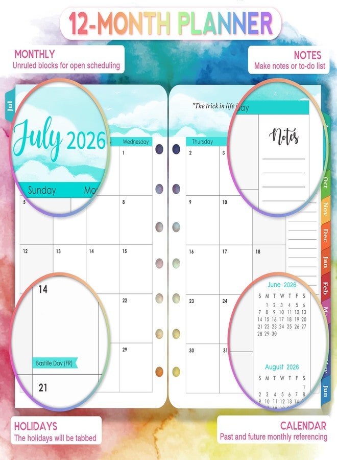 آرت فان عبوات إعادة تعبئة لمخطط 2026-2027 - عبوات إعادة تعبئة مثقوبة بـ 7 ثقوب، يوليو 2026 - يونيو 2027، مقاس 5.5 × 8.5 بوصة، 5.5 × 8.5 بوصة، حشوات مخطط A5، عبوة إعادة تعبئة أسبوعية وشهرية 26-27 مع علامات تبويب ملونة - Image 3