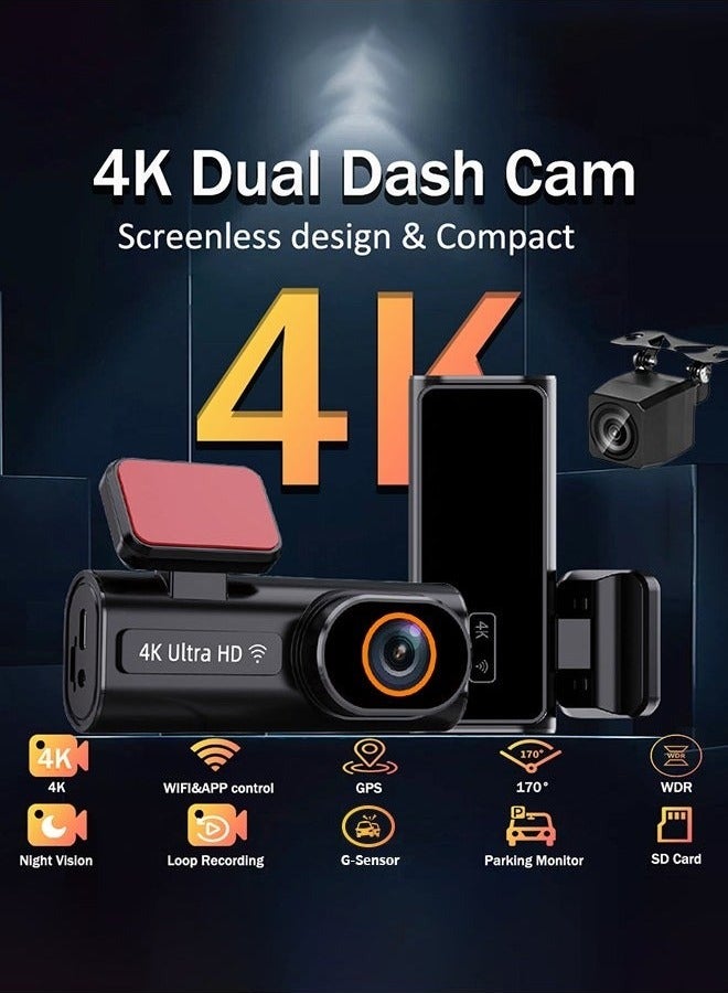 Makrystorm 4K Front and Rear Dash Camr with WiFi GPS, Night Vision, 24H Parking Mode, 170° Wide G-Sensor, Loop Recording，and 128GB Memory Card - Image 2