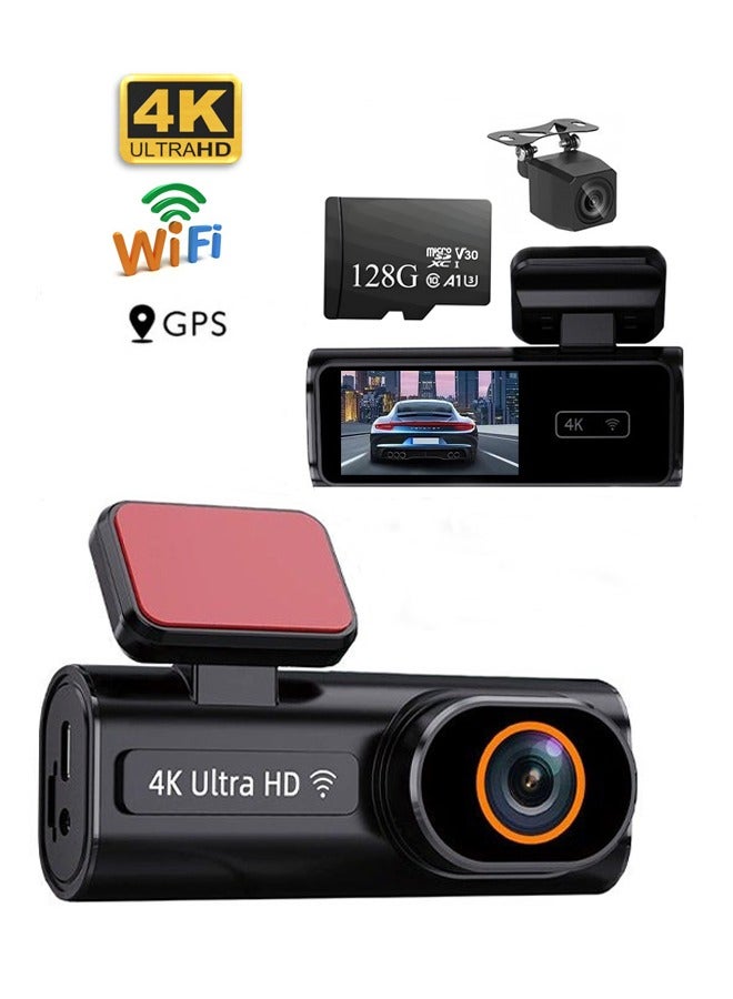 Makrystorm 4K Front and Rear Dash Camr with WiFi GPS, Night Vision, 24H Parking Mode, 170° Wide G-Sensor, Loop Recording，and 128GB Memory Card - Image 1