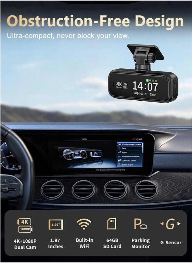 Makrystorm 4K Dash Cam For Car 3840*2160P Dual Lens Support 1080P Rear Camera,G-Sensor, Loop Recording,WIFI GPS 24H Parking Monitoring,Night Vision,With 128GB SD Card - Image 2