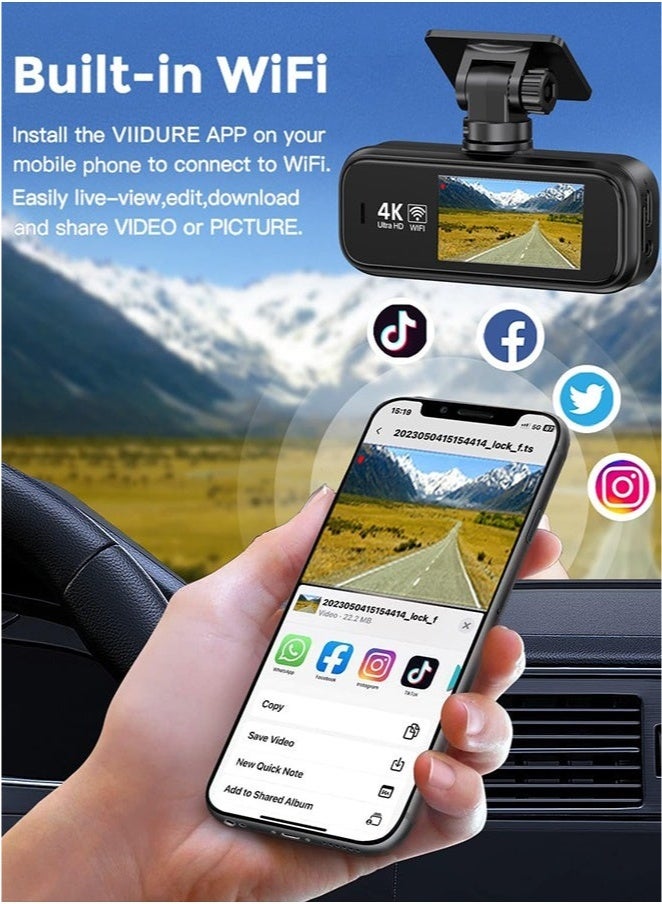 Makrystorm 4K Dash Cam For Car 3840*2160P Dual Lens Support 1080P Rear Camera,G-Sensor, Loop Recording,WIFI GPS 24H Parking Monitoring,Night Vision,With 128GB SD Card - Image 4