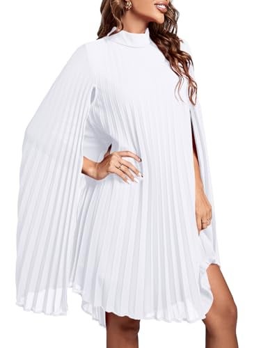 Rooscier Women's Pleated Mock Neck Cloak Sleeve Keyhole Back Flowy Party Midi Dress Plain White Small - Image 3