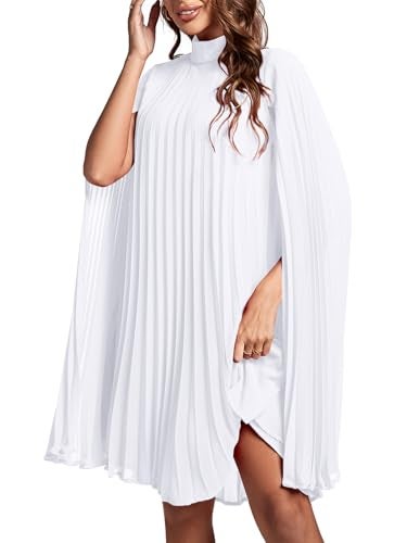 Rooscier Women's Pleated Mock Neck Cloak Sleeve Keyhole Back Flowy Party Midi Dress Plain White Small - Image 4
