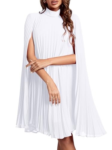 Rooscier Women's Pleated Mock Neck Cloak Sleeve Keyhole Back Flowy Party Midi Dress Plain White Small - Image 1
