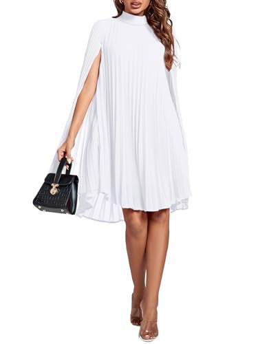 Rooscier Women's Pleated Mock Neck Cloak Sleeve Keyhole Back Flowy Party Midi Dress Plain White Small - Image 5