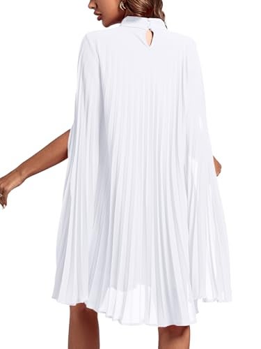 Rooscier Women's Pleated Mock Neck Cloak Sleeve Keyhole Back Flowy Party Midi Dress Plain White Small - Image 2