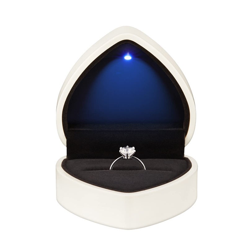LETURE Heart Shaped Ring Gift Box with LED Light Velvet Earrings Jewelry Case with Light Jewellry Display Box for Wedding Engagement Proposal Birthday and Anniversary White