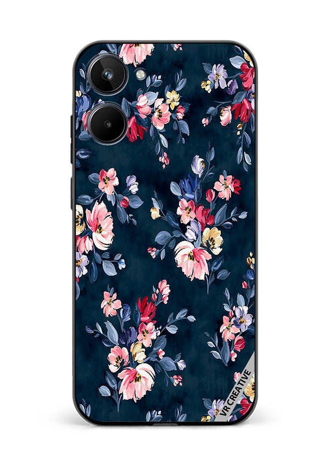 VR CREATIVE Protective Case Cover For Realme 10 A Navy Floral Print With Brightly Coloured Pink And Yellow Flowers On It Design Multicolour - Image 1