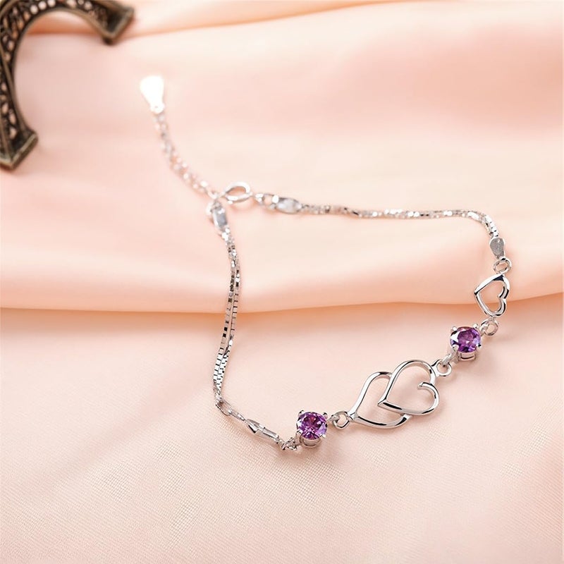 HANNEA® Chic Bangle for for Girls Women Heart Link Bracelet Purple Rhinestone Embellishment Metal Silver Bracelet Women Jewelry Gift - Image 3