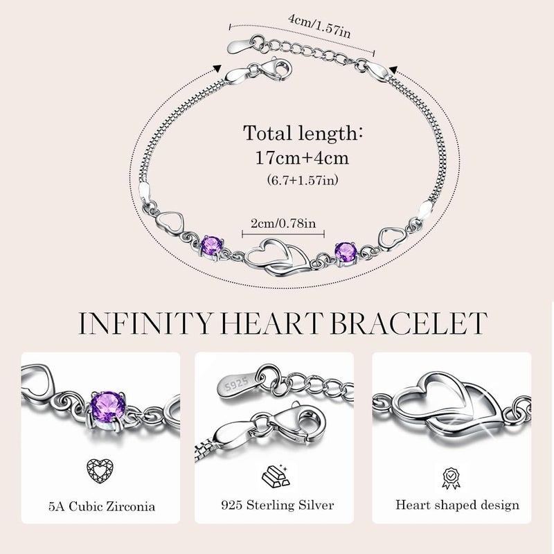 HANNEA® Chic Bangle for for Girls Women Heart Link Bracelet Purple Rhinestone Embellishment Metal Silver Bracelet Women Jewelry Gift - Image 2