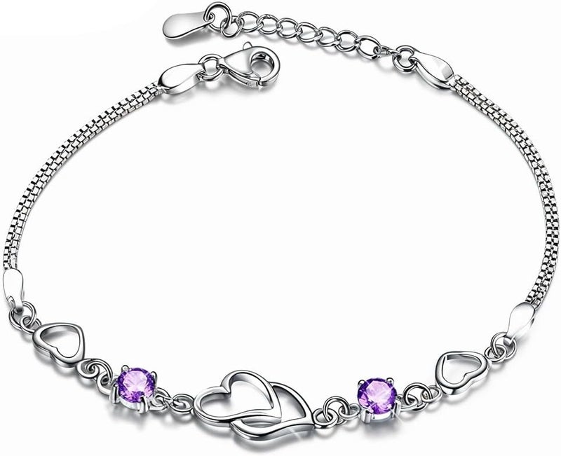 HANNEA® Chic Bangle for for Girls Women Heart Link Bracelet Purple Rhinestone Embellishment Metal Silver Bracelet Women Jewelry Gift - Image 1