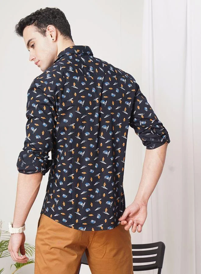 The Indian Garage Co Men Slim Fit Graphic Print Full Sleeves Spread Collar Casual Shirt
