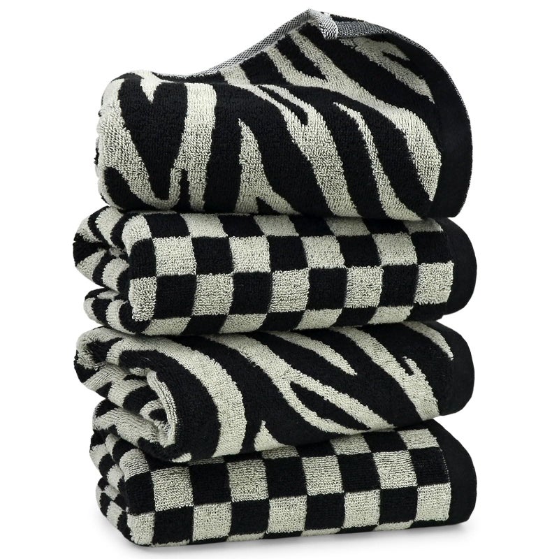 Jacquotha Bathroom Hand Towels 2 Style 4 Pack - Black Hand Towel Checkered and Zebra, Cotton - Image 1