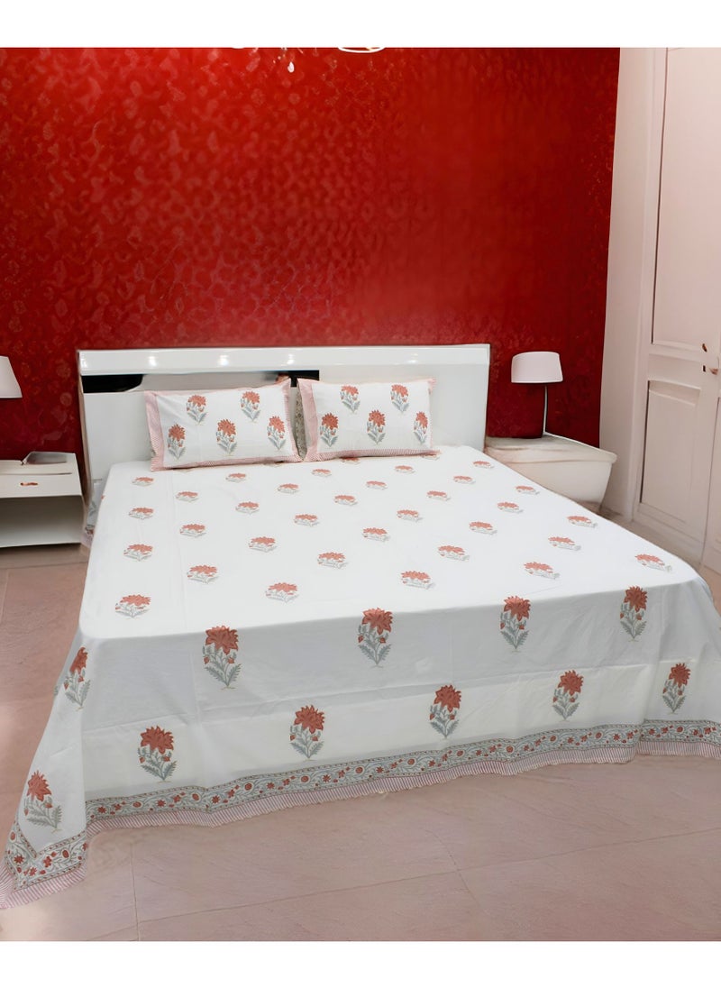 MARHABA CURTAIN 100% Cotton Jaipuri Handblock Print Double Bed Sheet with 2 Pillow Covers Premium Quality, Soft, Breathable (WHITE LILLY 17)  - Image 1