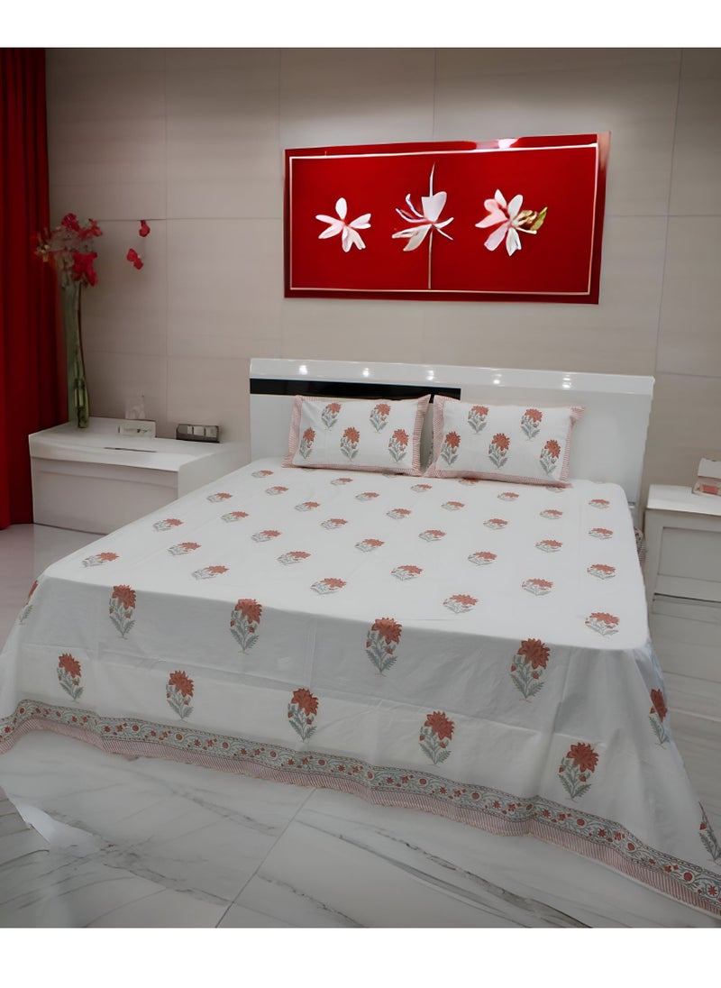 MARHABA CURTAIN 100% Cotton Jaipuri Handblock Print Double Bed Sheet with 2 Pillow Covers Premium Quality, Soft, Breathable (WHITE LILLY 17)  - Image 2