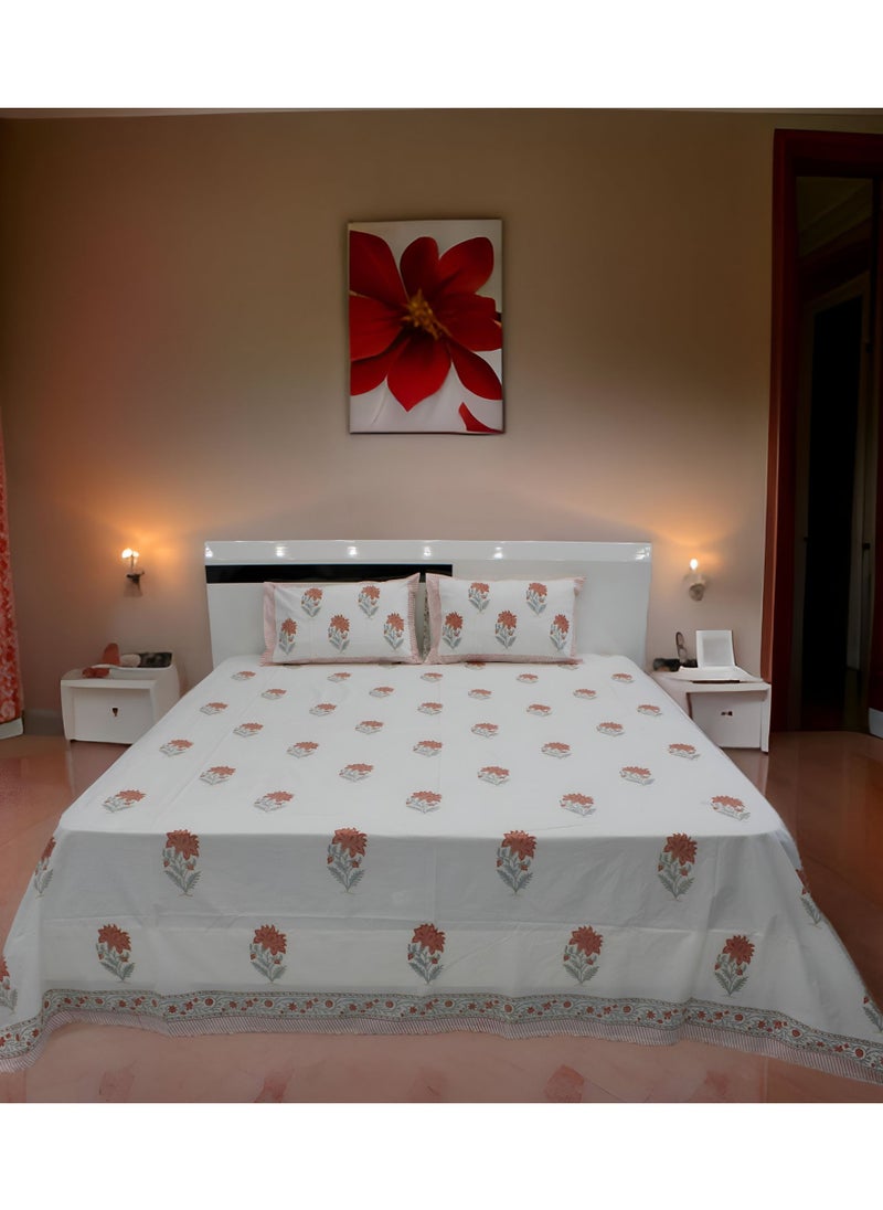 MARHABA CURTAIN 100% Cotton Jaipuri Handblock Print Double Bed Sheet with 2 Pillow Covers Premium Quality, Soft, Breathable (WHITE LILLY 17)  - Image 3