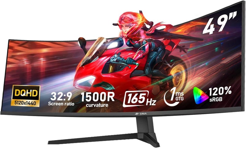 CRUA 49" inch Ultrawide 32:9 Gaming Monitor 5K 165Hz Curved 1500R Display Screen DQHD(5120×1440) 120%sRGB 1ms(GTG) PIP/PBP Freesync RGB Backlighting Built-in Speakers Suitable e-sports games, business - Image 1
