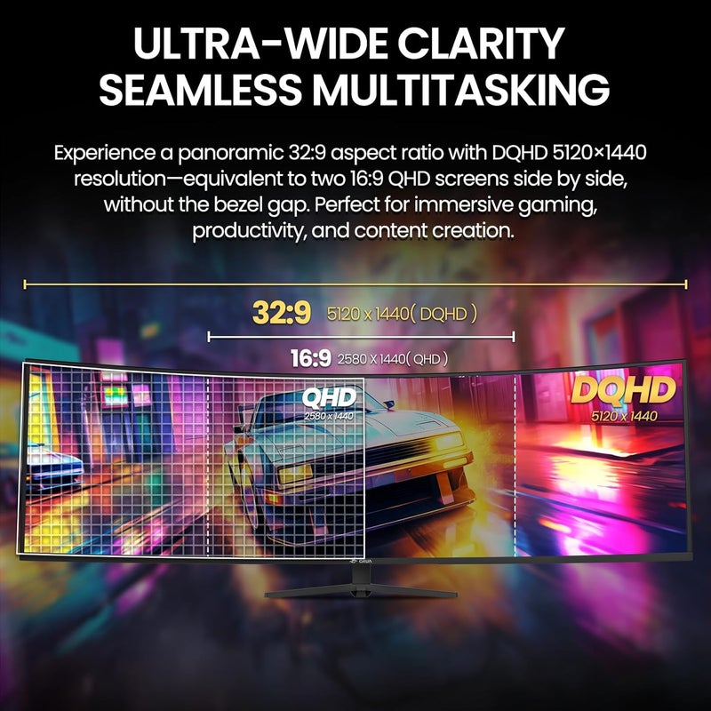 CRUA 49" inch Ultrawide 32:9 Gaming Monitor 5K 165Hz Curved 1500R Display Screen DQHD(5120×1440) 120%sRGB 1ms(GTG) PIP/PBP Freesync RGB Backlighting Built-in Speakers Suitable e-sports games, business - Image 2