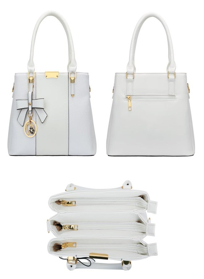 KKXIU 3 Zippered Compartments Purses and Handbags for Women Top Handle Satchel Shoulder Ladies Bags (G-Embossed White Flower 2) - Image 4