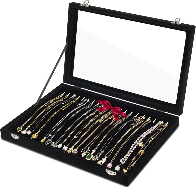 Jenseits Necklace Organizer Box, Tray with Clear Lid, Velvet Dustproof Necklaces Holder Storage Display Case, 20 Hooks Glass Top Jewelry Tray Drawer Insert for Pendant Bracelet - Image 1