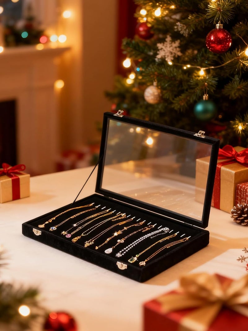 Jenseits Necklace Organizer Box, Tray with Clear Lid, Velvet Dustproof Necklaces Holder Storage Display Case, 20 Hooks Glass Top Jewelry Tray Drawer Insert for Pendant Bracelet - Image 2