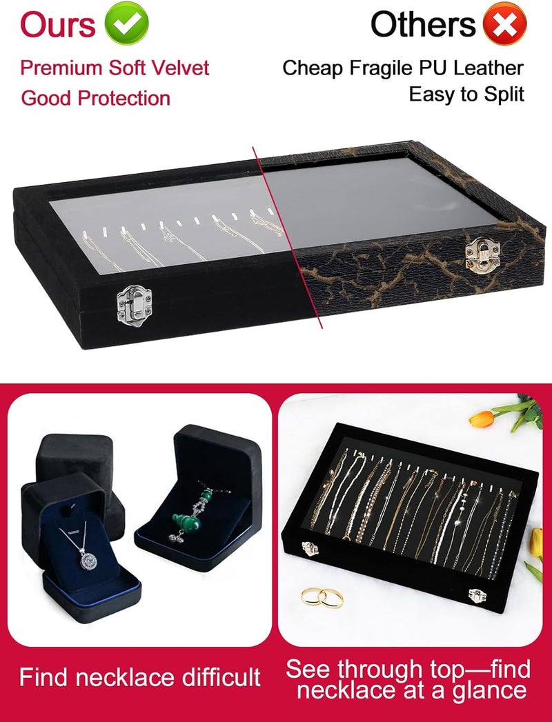 Jenseits Necklace Organizer Box, Tray with Clear Lid, Velvet Dustproof Necklaces Holder Storage Display Case, 20 Hooks Glass Top Jewelry Tray Drawer Insert for Pendant Bracelet - Image 4