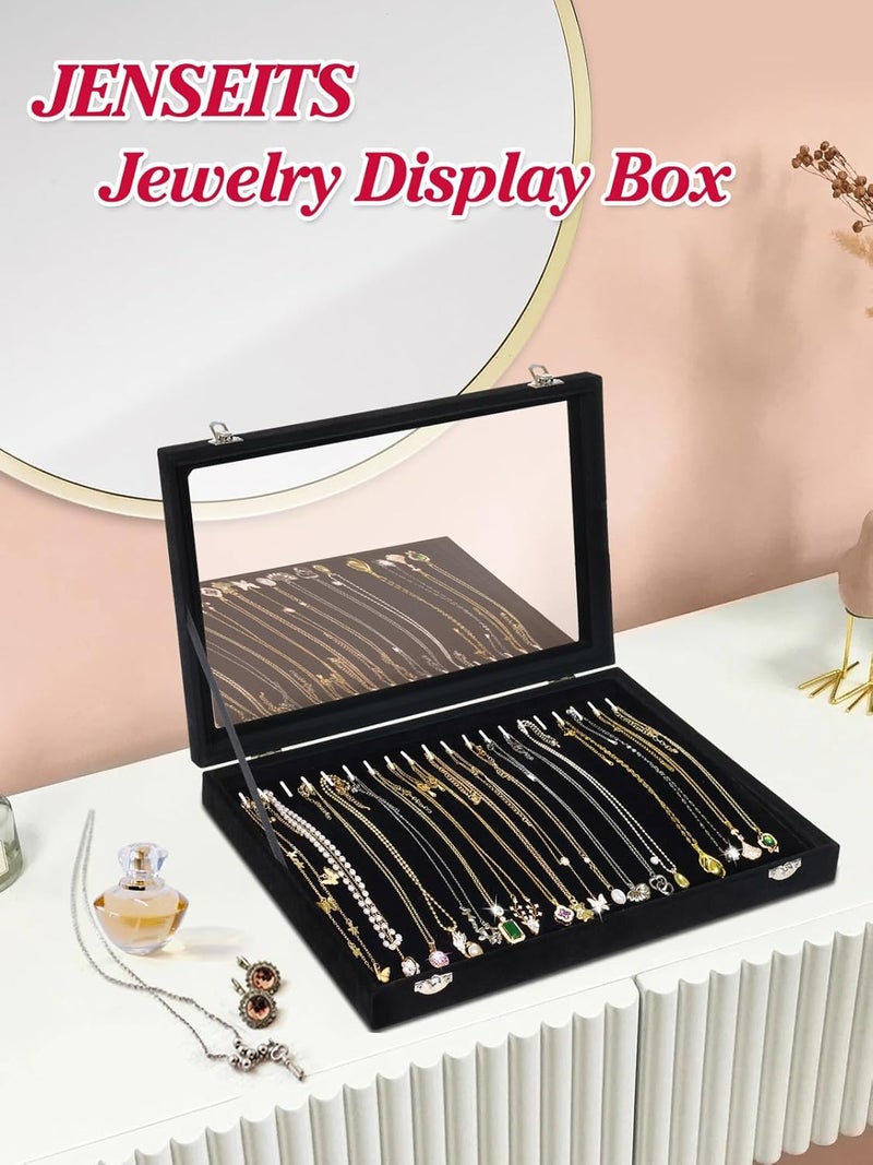 Jenseits Necklace Organizer Box, Tray with Clear Lid, Velvet Dustproof Necklaces Holder Storage Display Case, 20 Hooks Glass Top Jewelry Tray Drawer Insert for Pendant Bracelet - Image 5