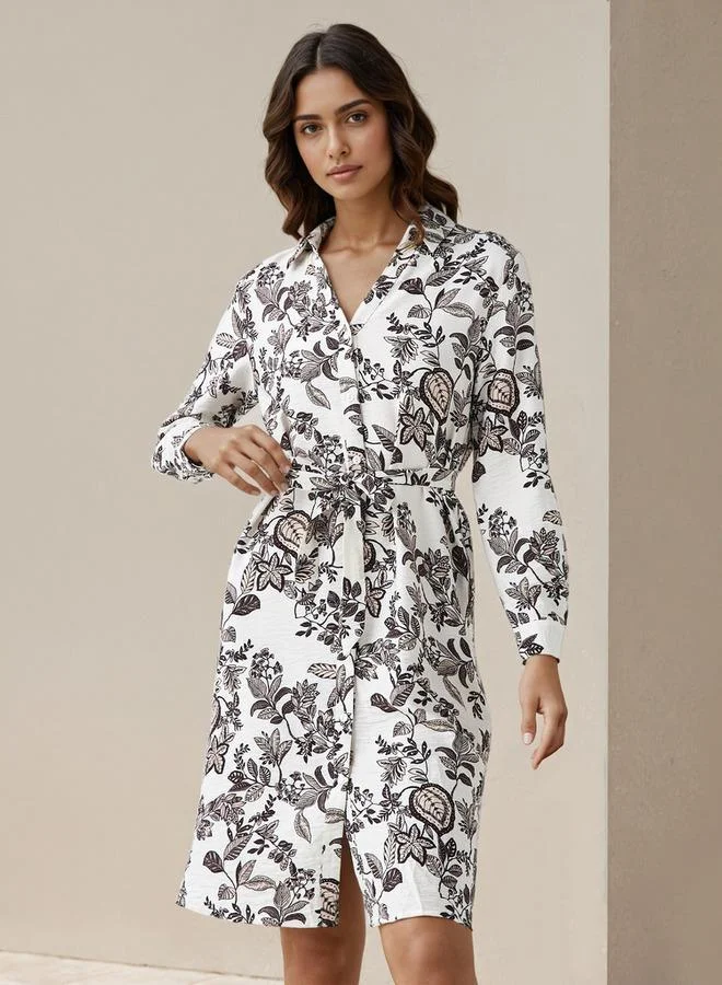 Splash FAV Knee Length Shirt Belted Dress with Floral Print