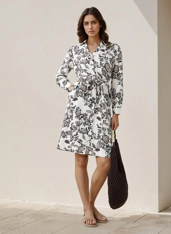 Splash FAV Knee Length Shirt Belted Dress with Floral Print