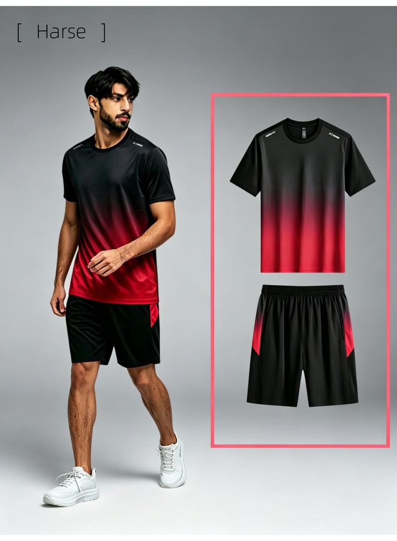 Harse Men's Quick Dry Training Set, Breathable Gradient Sports T-Shirt and Shorts for Tennis, Badminton, Running and Gym Workout - Image 1