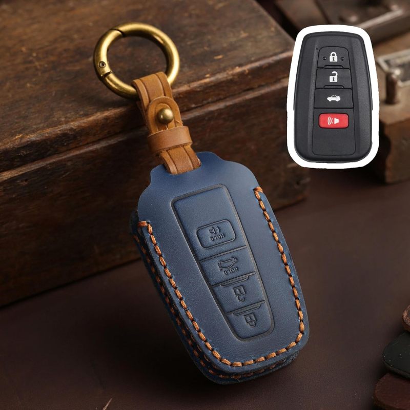 4 Button Toyota Key Cover Blue Genuine Leather - Water-Resistant Wear-Resistant Key Fob Case for Toyota RAV4 Highlander Camry C-HR Avalon Corolla 4Runner Mirai Prius 2018-2025 - Image 3