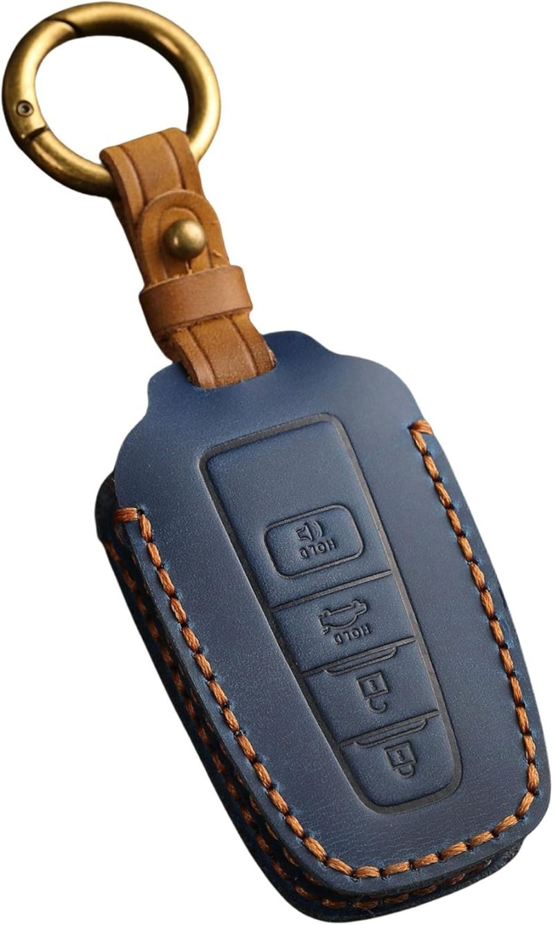 4 Button Toyota Key Cover Blue Genuine Leather - Water-Resistant Wear-Resistant Key Fob Case for Toyota RAV4 Highlander Camry C-HR Avalon Corolla 4Runner Mirai Prius 2018-2025 - Image 1