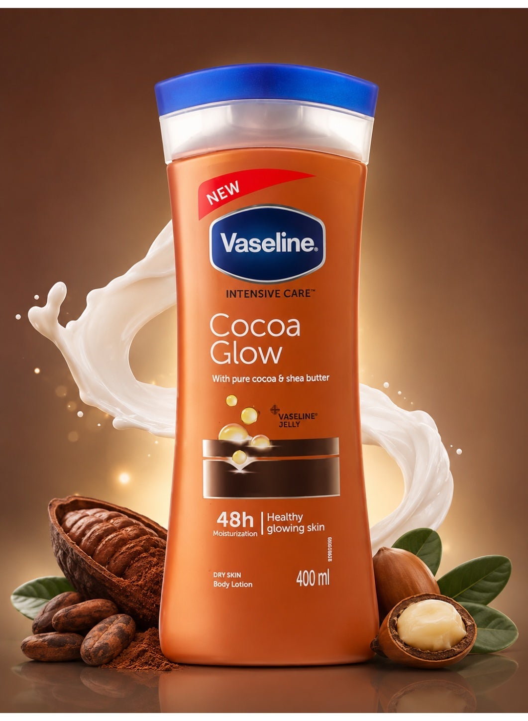 Vaseline Intensive Care Cocoa Glow Body Lotion 400ml – Deep Moisturizing Lotion with Pure Cocoa & Shea Butter, 48H Hydration for Dry Skin, Fast Absorbing Non-Greasy Formula, Restores Natural Glow, Dai