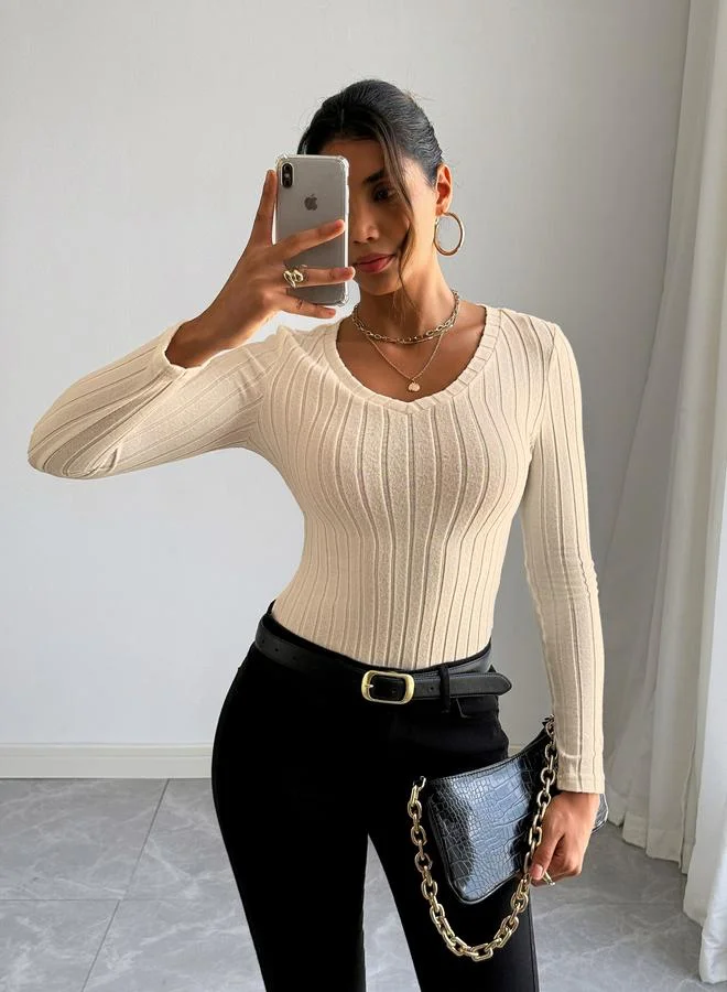 تايك تو بلوزة محبوكة بتفاصيل مضلعة وأكمام طويلة