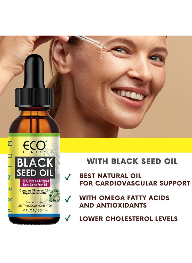 Premium Black Seed Oil，Gluten Free，Non GMO，Cold Pressed Nigella Sativa Aids in Digestive Health， Immune Support，Brain Function，Joint Mobility（30ml）