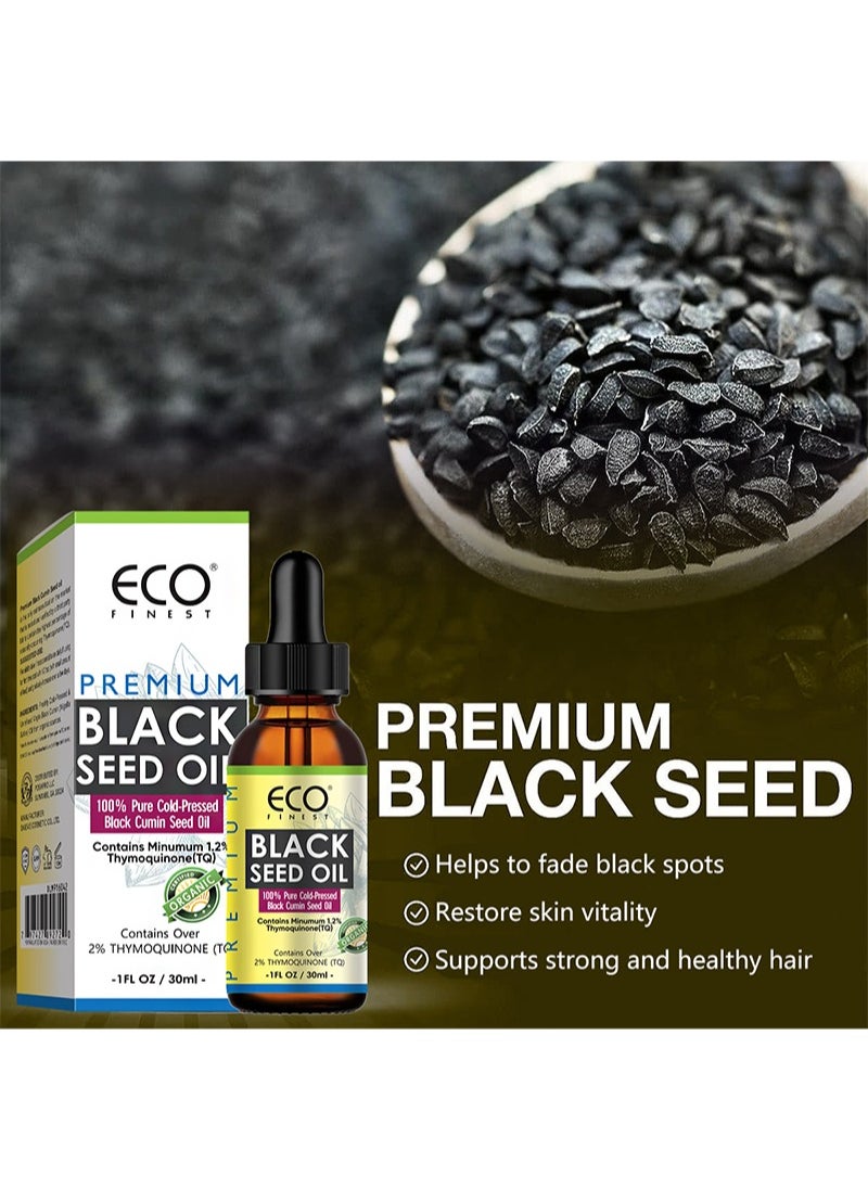 Premium Black Seed Oil，Gluten Free，Non GMO，Cold Pressed Nigella Sativa Aids in Digestive Health， Immune Support，Brain Function，Joint Mobility（30ml）