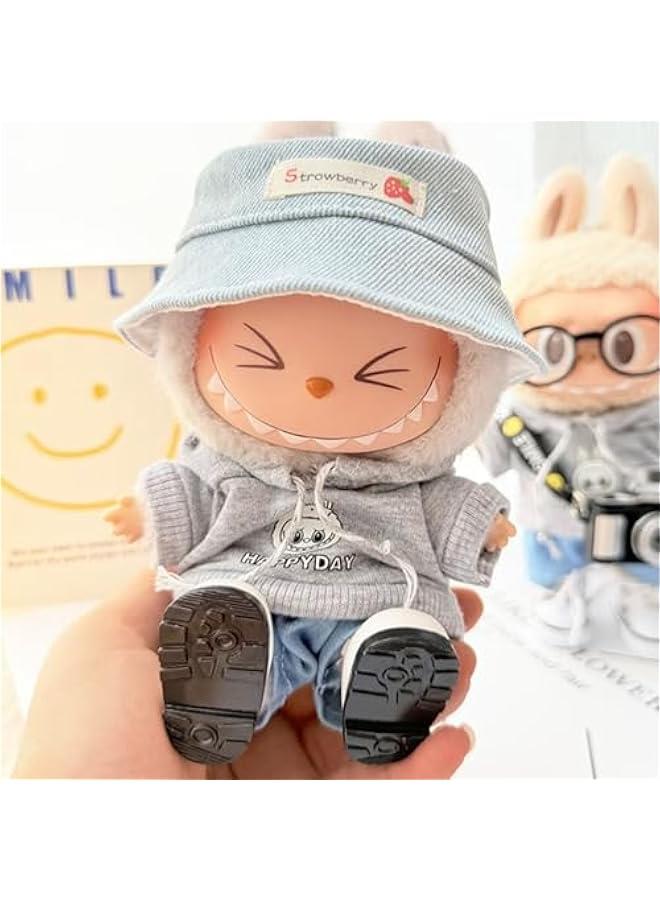 Arabest Clothes for Labubu Hoodie Clothes Accessories(No Doll), Cute Outdoor Outfit Suitable for 6.69inch (17cm) Doll Soft Clothing Replacement (Gray Sets+Shoes+hat)