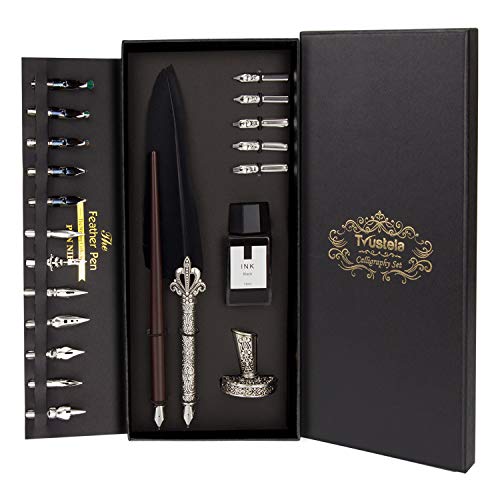 Trustela Calligraphy Set for Beginners, Wooden Dip Pen, Feather Quill, 19 Nibs, Ink Set, Gift Box - Image 1