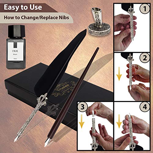 Trustela Calligraphy Set for Beginners, Wooden Dip Pen, Feather Quill, 19 Nibs, Ink Set, Gift Box - Image 2