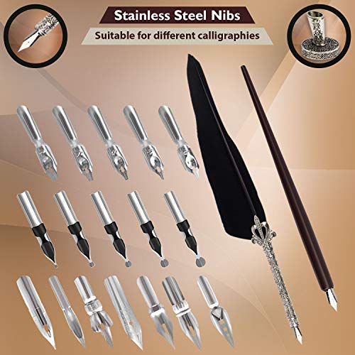 Trustela Calligraphy Set for Beginners, Wooden Dip Pen, Feather Quill, 19 Nibs, Ink Set, Gift Box - Image 3