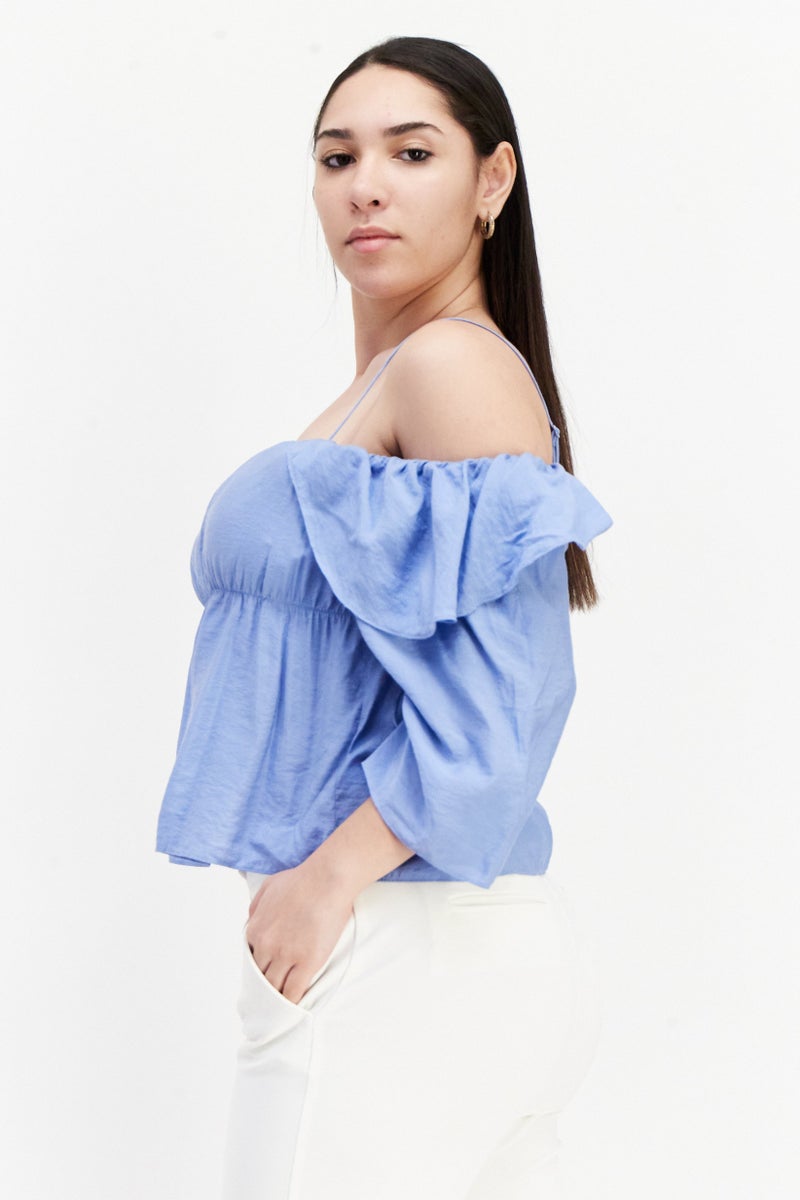 VINCE Women Off The Shoulder Neck Long Sleeves Plain Blouse, Blue - Image 3