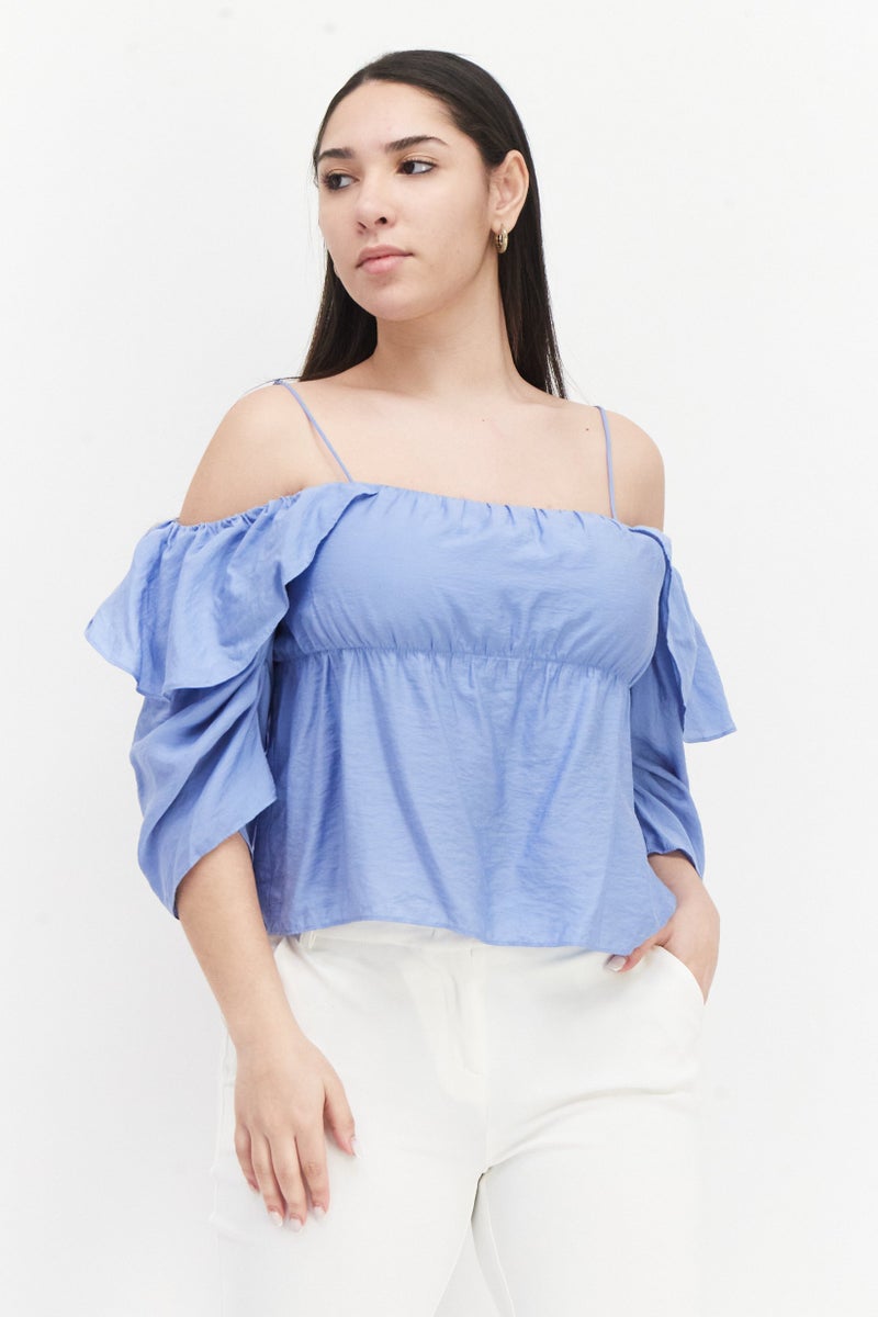 VINCE Women Off The Shoulder Neck Long Sleeves Plain Blouse, Blue - Image 1