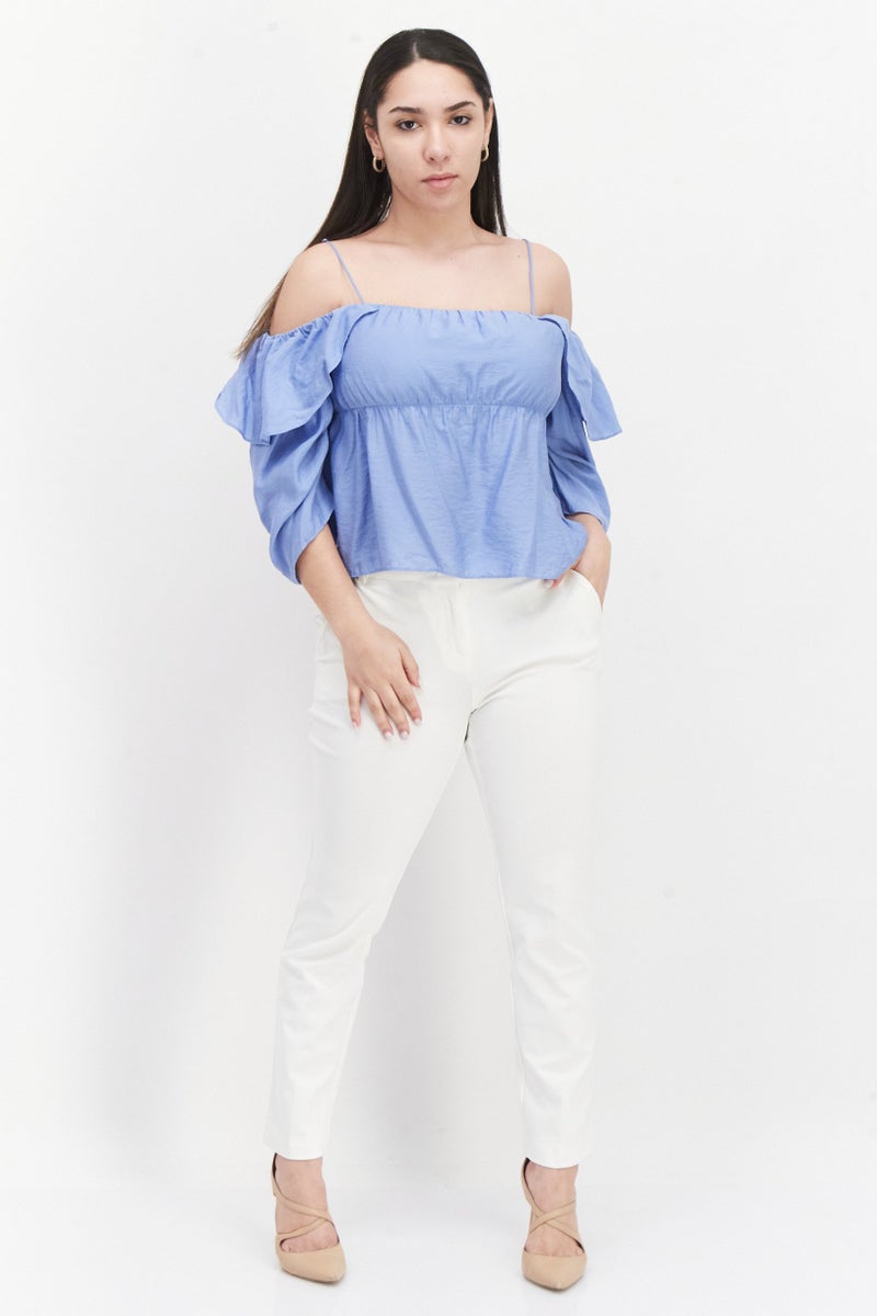 VINCE Women Off The Shoulder Neck Long Sleeves Plain Blouse, Blue - Image 2